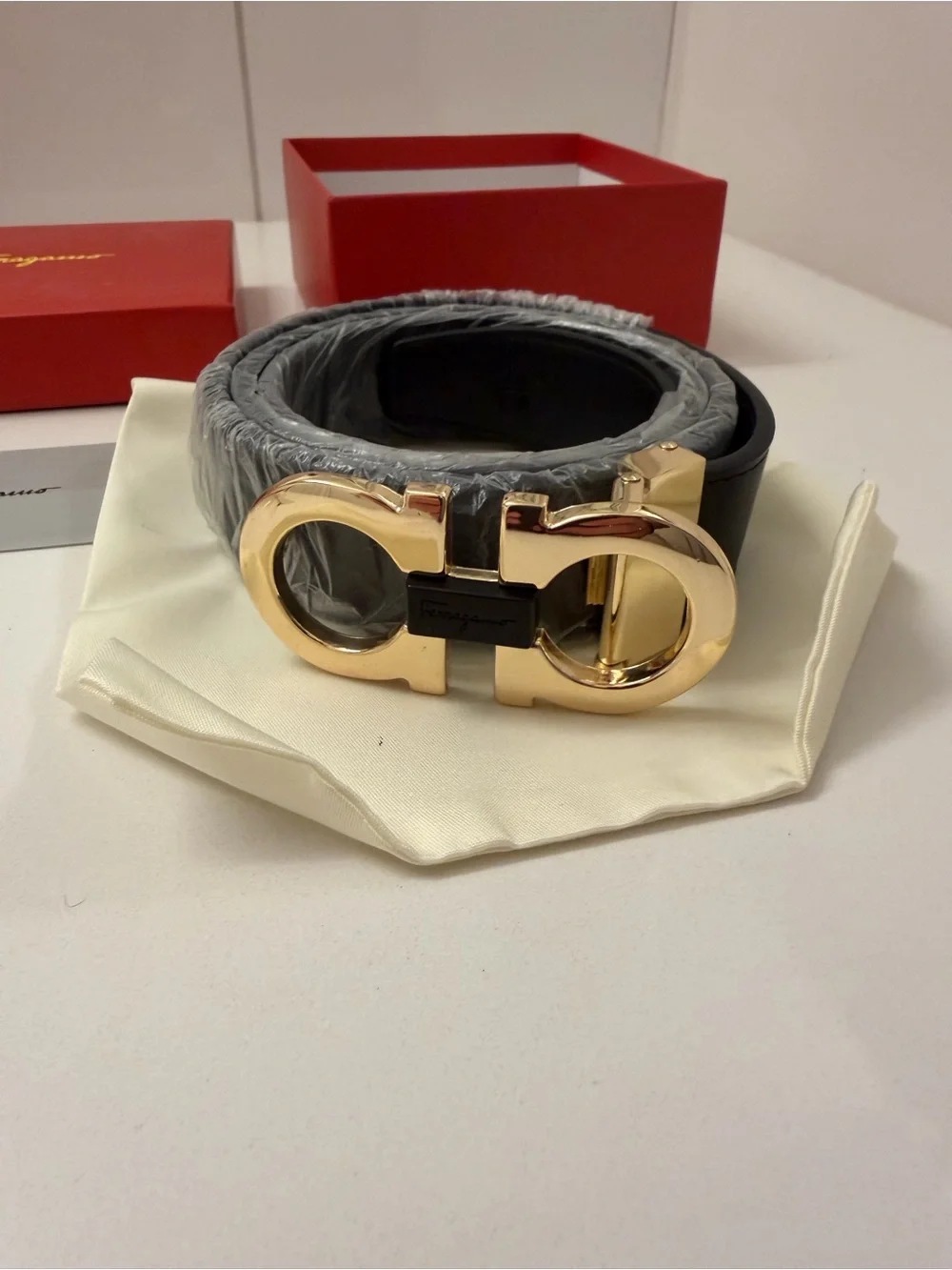 Salvatore Ferragamo Black Leather Belt with Gold Double Gancini Buckle